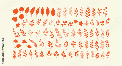 Tableau sur toile Hand drawn orange autumn botanical leaves and floral branches set vector element