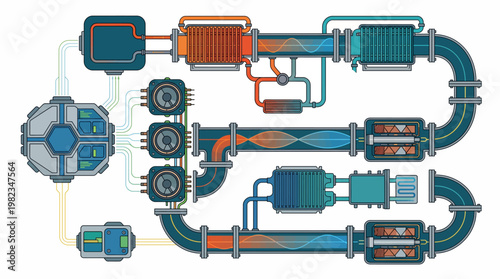 A complex industrial pipeline system with various components and connections.