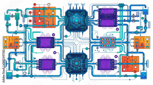 Colorful electronic circuit board design.