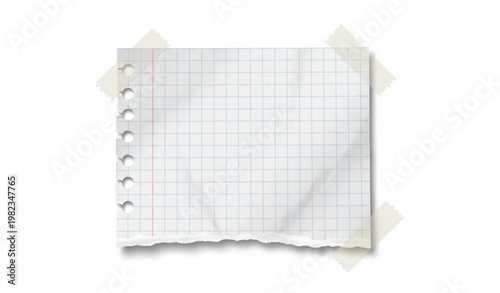Torn squared paper with transparent tape realistic crumpled notebook sheet PNG isolated on white