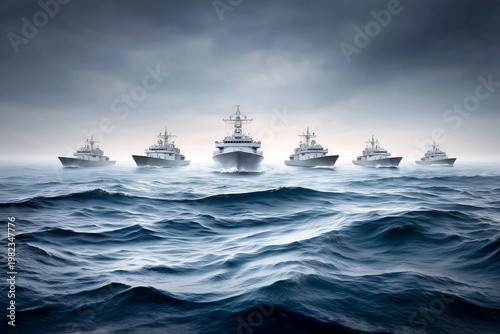 Naval vessels operate in formation on the ocean under cloudy skies during early morning hours