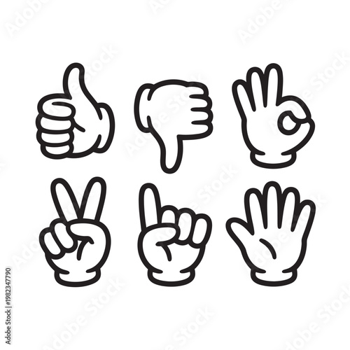 Cartoon hand gestures showing index finger point and victory sign set.