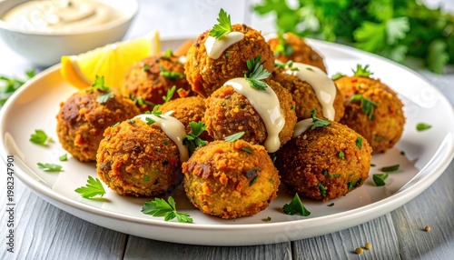 Falafel Balls on White Plate with Sauce.