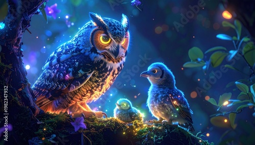 Family of Owls in Mystical Forest Scene.