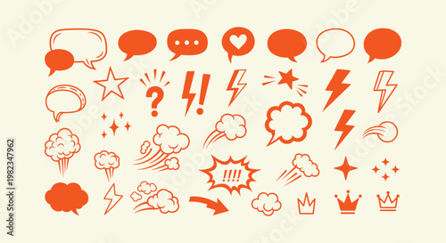 Vector Set of Comic Style Speech Bubbles Stars Lightning Bolts and Explosion Elements in Orange