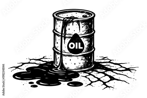 Oil Spill and Energy Crisis Concept Leaking Barrel Environmental Damage Sketch Illustration