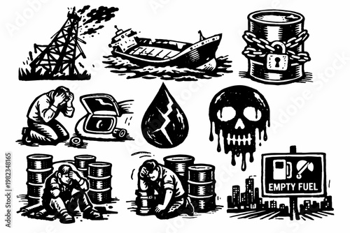 Energy Crisis and Economic Collapse Icon Set Oil War Disaster Bankruptcy and Global Downturn Sketch Collection