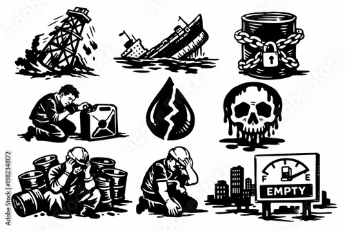 Energy Crisis and Economic Collapse Icon Set Oil War Disaster Bankruptcy and Global Downturn Sketch Collection