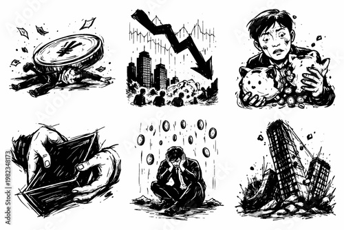 Financial Crisis and Money Loss Icon Set Market Crash Stress and Economic Downturn Sketch Collection