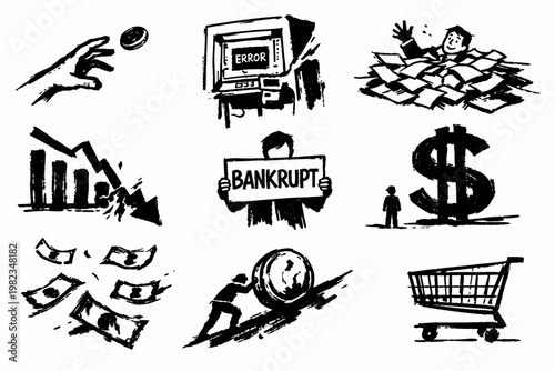 Bankruptcy and Financial Crisis Icon Set Money Loss Debt Poverty and Economic Downturn Sketch Collection