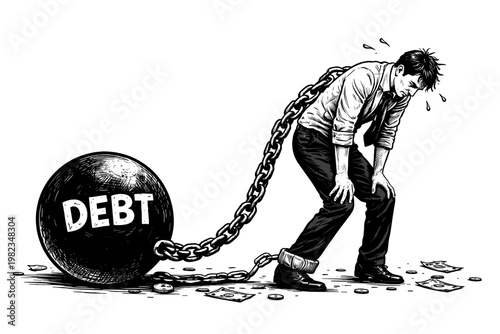 Debt Burden Concept Businessman Chained to Heavy Debt Financial Slavery Economic Crisis Illustration