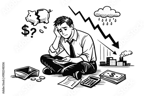 Personal Finance Crisis Concept Man Managing Budget Debt and Expenses Economic Downturn Sketch Illustration