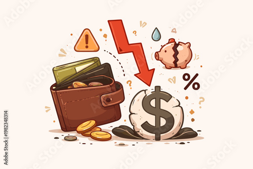 Financial Loss and Inflation Concept Empty Wallet Falling Economy and Money Crisis Illustration