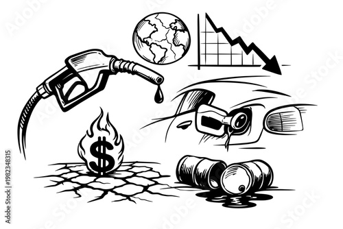Oil Crisis and Inflation Concept Sketch Rising Fuel Prices Global Economic Downturn Illustration