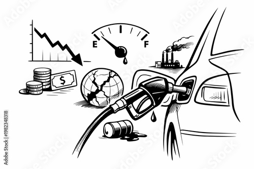 Oil Crisis and Inflation Concept Sketch Rising Fuel Prices Global Economic Downturn Illustration