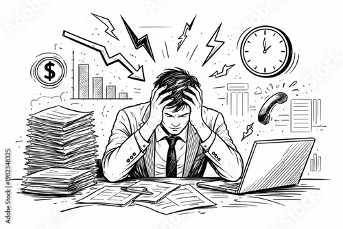 Business Stress and Financial Problems Concept Overworked Man with Bills and Deadlines Sketch Illustration