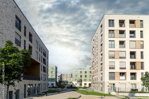 Cityscape of a residential area with modern sustainable apartment buildings, new green urban landscape in the city