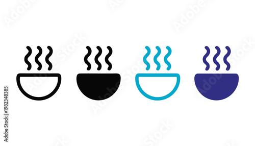 Four simple steaming bowl icons in a row. Each bowl has three wavy lines above it to represent steam, but they differ in style: one is outlined in black, one is solid black, one outlined in cyan.