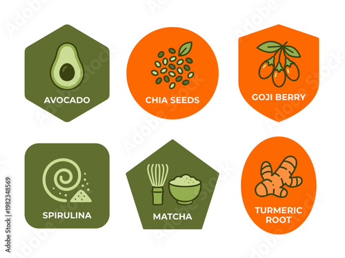 Ingredient labels set, minimalist flat icons of avocado chia spirulina matcha and turmeric root
