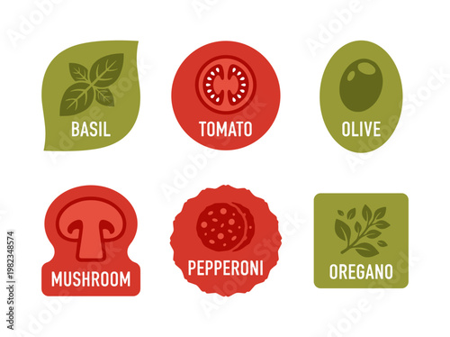 Italian food ingredient icons: basil tomato olive mushroom pepperoni and oregano labels on white