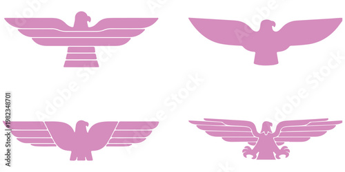 Six black silhouettes of majestic eagles and hawks in various flying and standing poses, a powerful graphic icon set for emblems or logos representing freedom and strength 