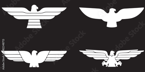 Six black silhouettes of majestic eagles and hawks in various flying and standing poses, a powerful graphic icon set for emblems or logos representing freedom and strength 