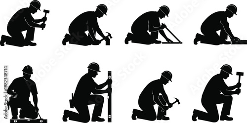 Set of Professional Construction Worker Silhouettes Featuring Male Builders with Tools Hard Hats Hammering and Leveling for Industrial Design Projects