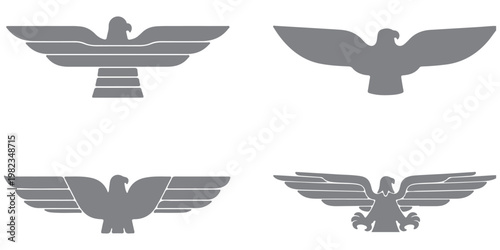 Six black silhouettes of majestic eagles and hawks in various flying and standing poses, a powerful graphic icon set for emblems or logos representing freedom and strength 
