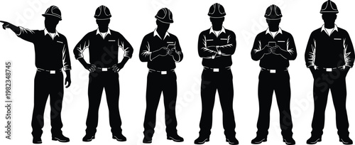 Set of Professional Construction Worker Silhouettes Wearing Safety Hard Hats and Uniforms Standing in Various Poses for Industrial Engineering and Labor Concepts