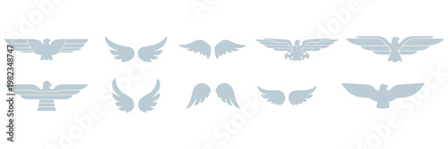 Six black silhouettes of majestic eagles and hawks in various flying and standing poses, a powerful graphic icon set for emblems or logos representing freedom and strength 