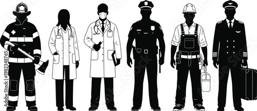 Set of professional essential worker silhouettes including firefighter doctor nurse police officer construction builder and pilot for career and community service concepts