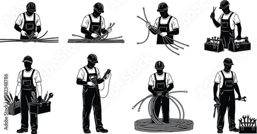 Set of Professional Electrician Silhouettes Working with Cables and Wires Carrying Toolboxes and Using Multimeters for Electrical Maintenance and Installation Services