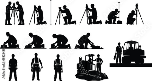 Set of Professional Land Surveyor and Construction Engineer Silhouettes Using Total Station Equipment and Heavy Machinery for Civil Engineering Project Development