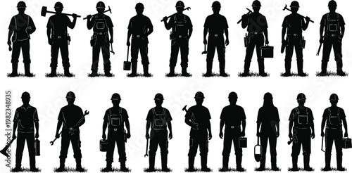 Set of professional male and female construction worker silhouettes wearing hard hats and holding industrial tools standing on grass isolated on white background