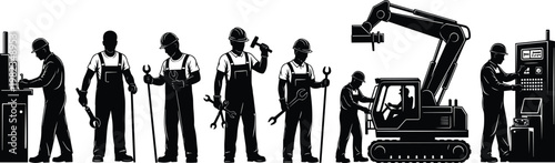 Set of Professional Industrial Worker Silhouettes Featuring Mechanical Engineers, Maintenance Technicians, and Operators with Tools and Heavy Machinery for Construction Projects