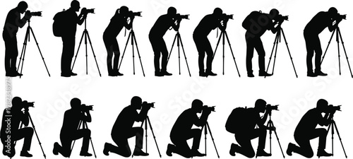 Set of Professional Photographer Silhouettes Using DSLR Cameras and Tripods in Standing and Kneeling Poses for Photography Media Production and Creative Arts