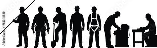 Set of professional male construction worker silhouettes wearing hard hats while performing site labor tasks, operating machinery, digging, and carpentry workshop work