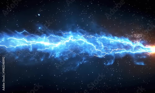 Electric blue lightning strikes across a starry night sky with a bright orange glow