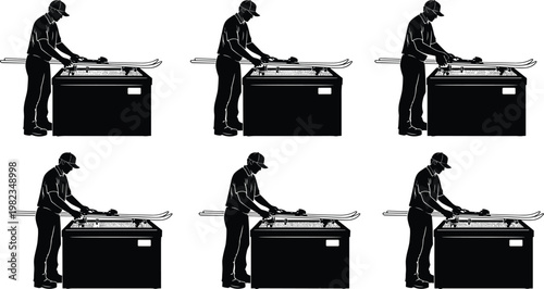 Set of Professional Silhouettes Featuring a Ski Technician Tuning and Waxing Alpine Skis on a Specialized Workshop Workbench for Winter Sports Maintenance