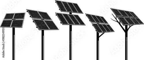 Set of solar panel silhouettes on poles and tree structures for renewable energy, sustainable power generation, and eco-friendly technology icons