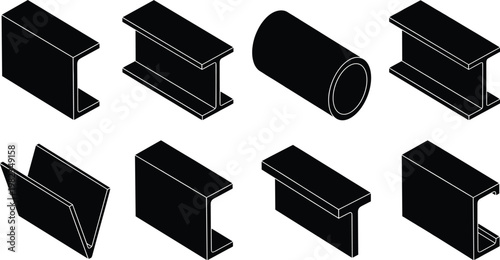 Set of structural steel profile icons featuring isometric silhouettes of I-beams H-beams metal pipes C-channels T-bars and U-channels for industrial construction engineering