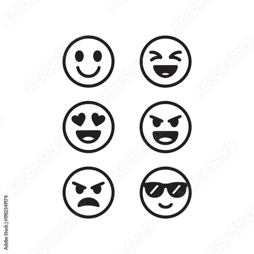 Set of six black and white emoji icons on white background.