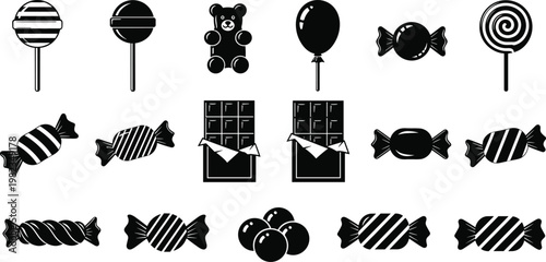 Set of sweet candy silhouettes including lollipops, gummy bears, chocolate bars, wrapped toffees and sugar balls on white background isolated