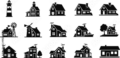 Set of Traditional House Silhouettes Including Farmhouse Lighthouse and Windmill Icons for Rural Landscape Architecture and Countryside Real Estate Development Concepts