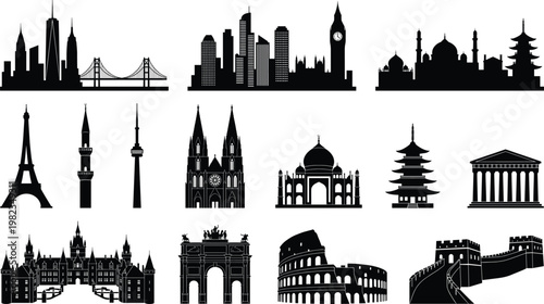 Set of world famous landmarks and city skyline silhouette icons including Eiffel Tower Taj Mahal Great Wall and Colosseum for me