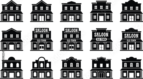 Set of Wild West Saloon and Old Town Building Silhouettes Featuring Vintage Western Architecture Icons for Game Design and Historical Projects