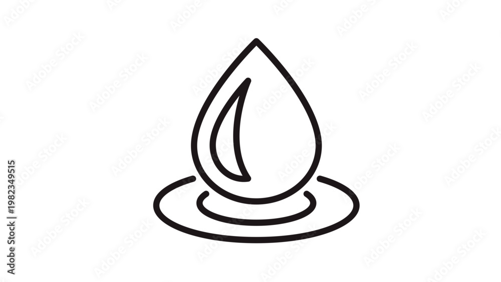 Fototapeta premium Minimalist black line art vector icon of a single water drop falling into a pool and creating ripples, clean symbol for liquid, hydration, moisture, oil, or fuel, scalable graphic illustration.