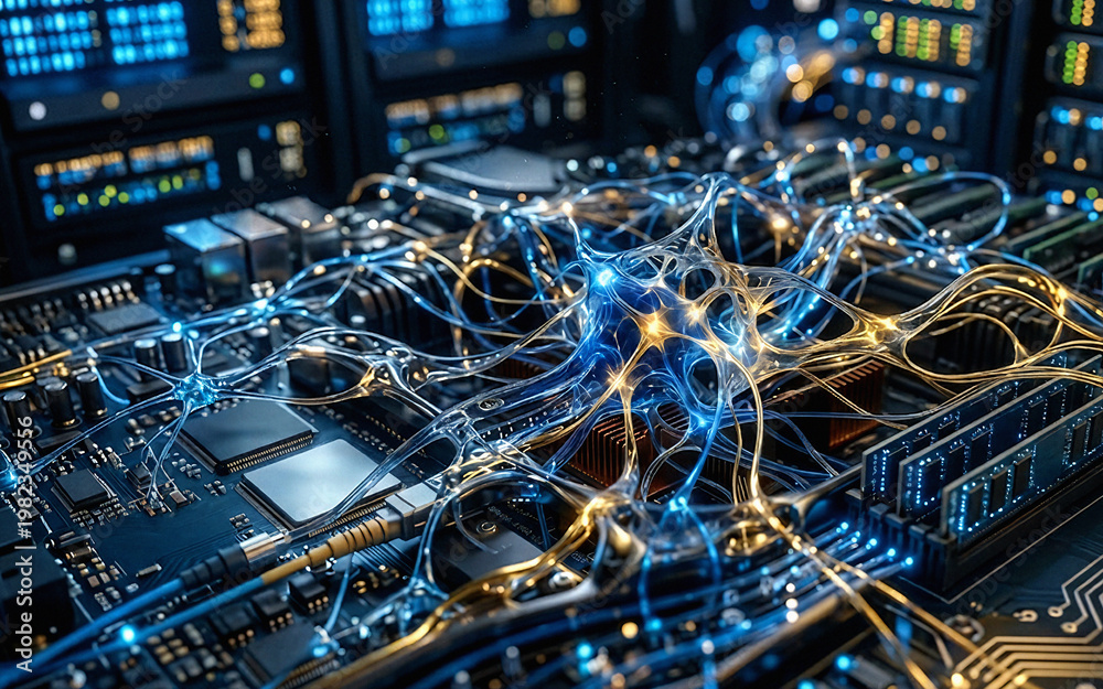 Fototapeta premium Neural network visualization glowing over circuit board and server hardware in data center environment