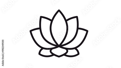 Minimalist black line art vector icon of a lotus flower, a clean and scalable illustration symbolizing yoga, meditation, wellness, spirituality, and zen, ideal for branding and graphic design.