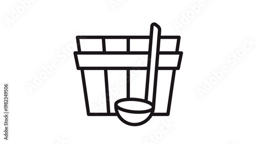 Black vector icon of a traditional wooden sauna bucket and water ladle, minimalist line art illustration for spa, wellness, and relaxation concepts, isolated on a white background.